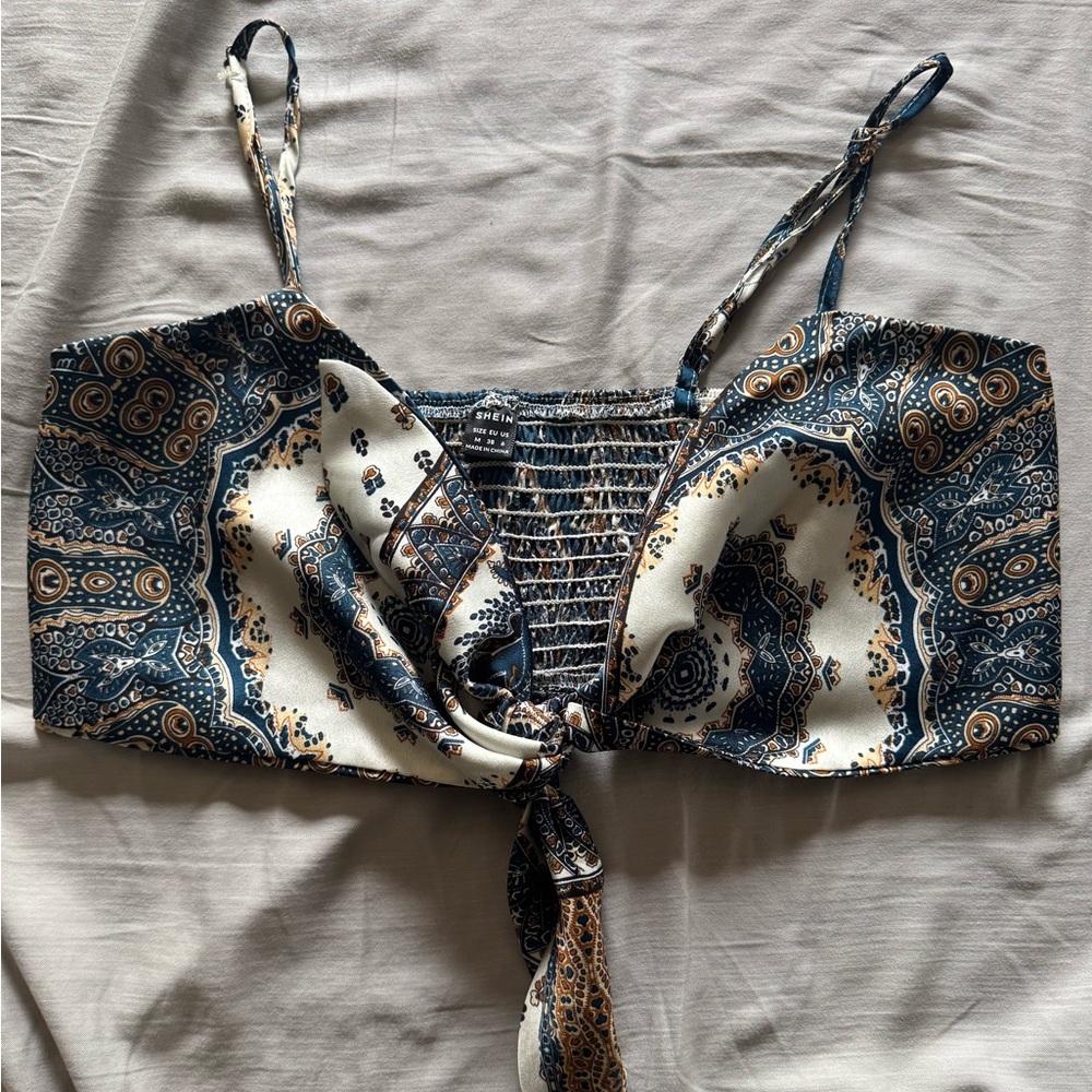 SHEIN Blue and Cream Patterned Tie-Front Crop Top